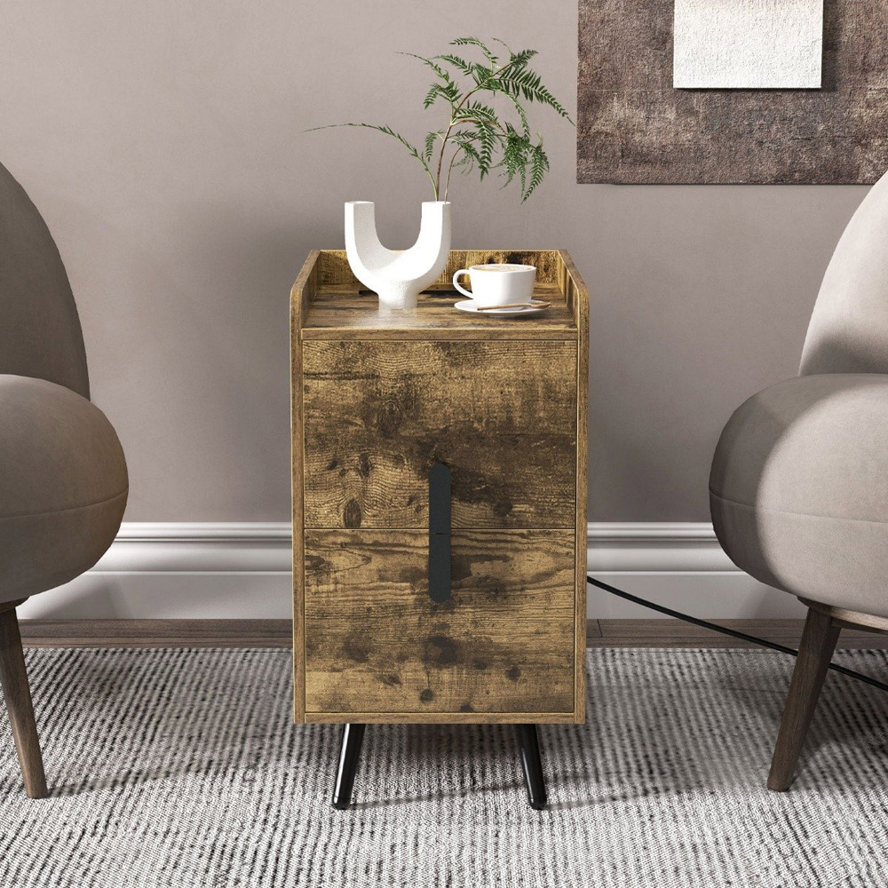 Costway 2 Drawer Single Shelf Rustic Brown Bedside Table Image 4