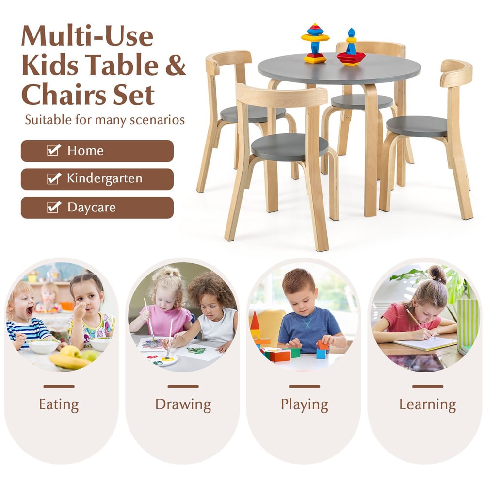 Costway 4 Seater Kids Bentwood Dining Set Grey Image 7