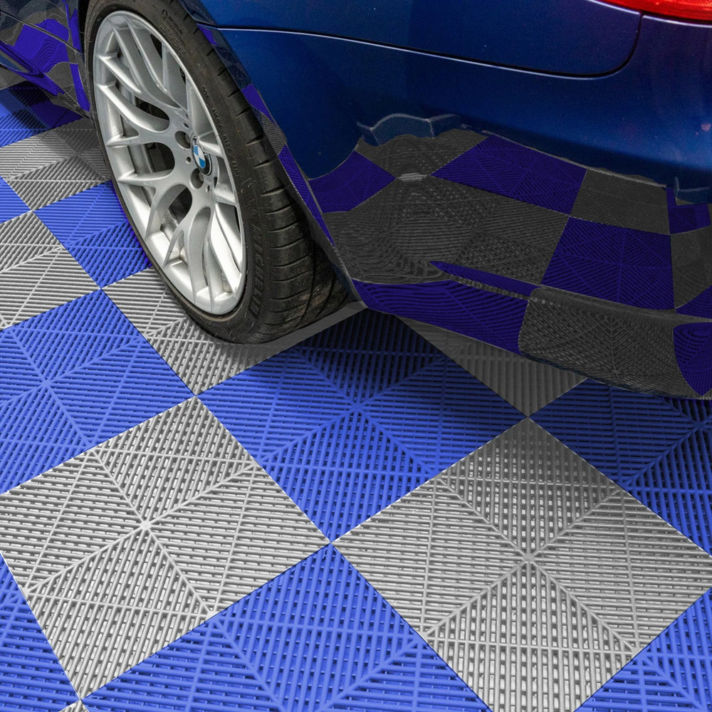MonsterShop 120 Grey and 120 Blue Vented Garage Floor Tiles with Edges and 2 x 14 Hexagon LED Light Image 2