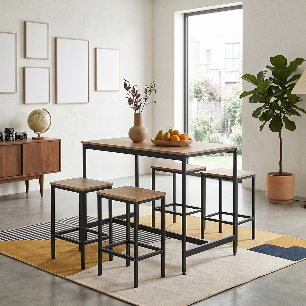 Living and Home 4 Seater Natural Wood and Black Bar Table and Stool Set Image 7