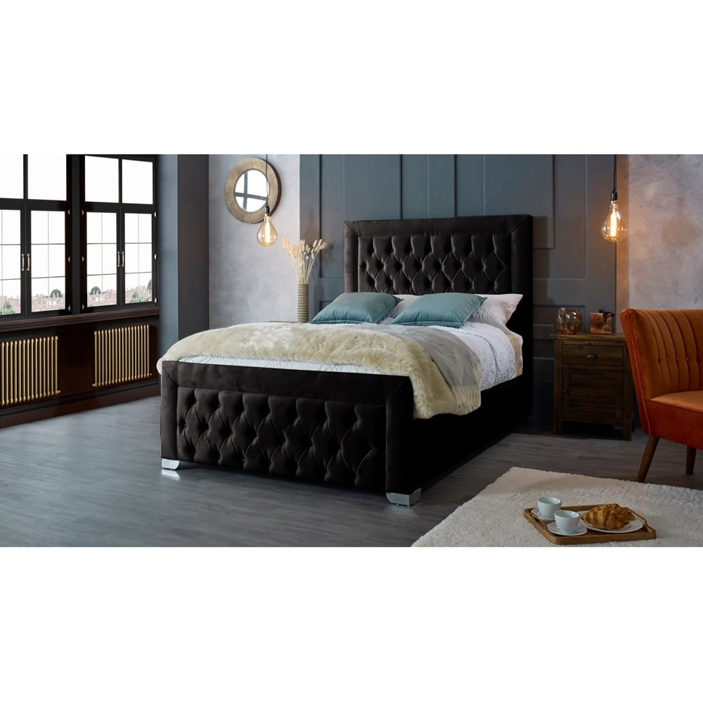 Eleganza Home Gelson Super King Size Black Plush Velvet Bed Frame with Chesterfield Headboard Image 2