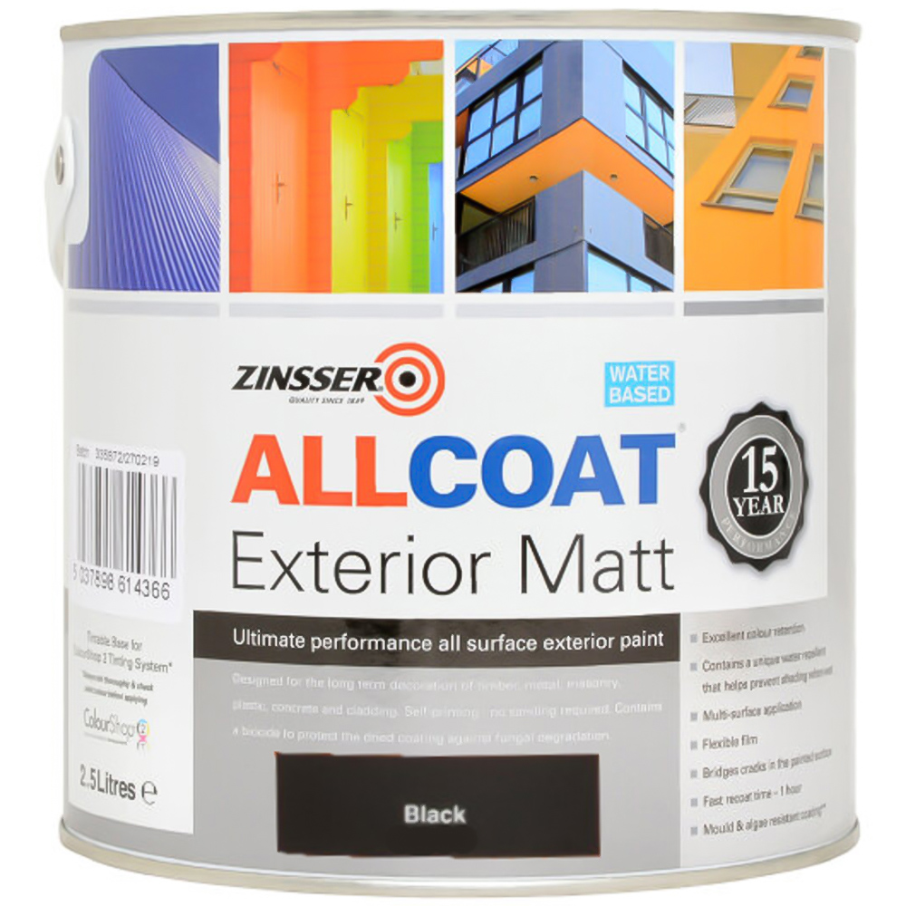 Zinsser Allcoat Black Water Based Exterior Matt Paint 2.5L Image 2