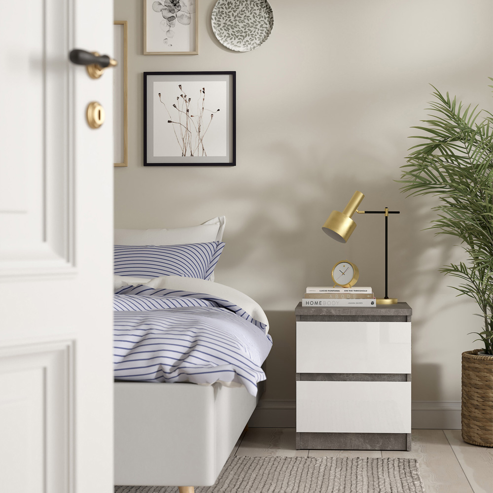 Florence Naia 2 Drawer Concrete and White High Gloss Bedside Table Image 6