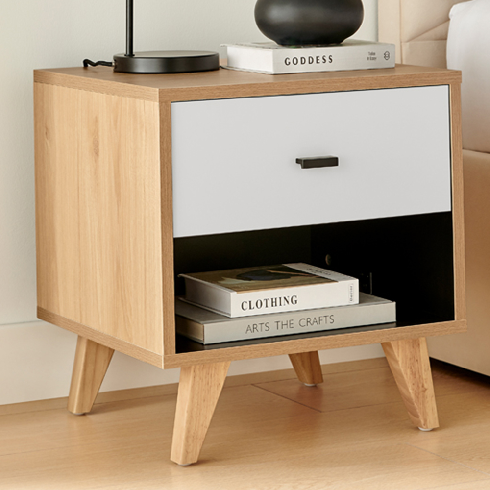 Furniturebox Billet Single Drawer Single Shelf Off White and Wood Effect Bedside Table Image 1