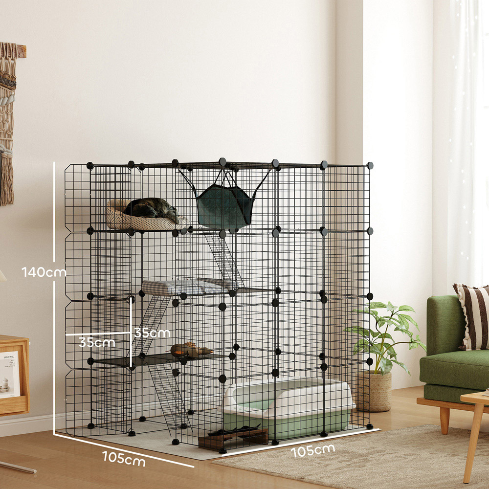 PawHut 4 Tier Black DIY Indoor Cat House with Hammock Image 9