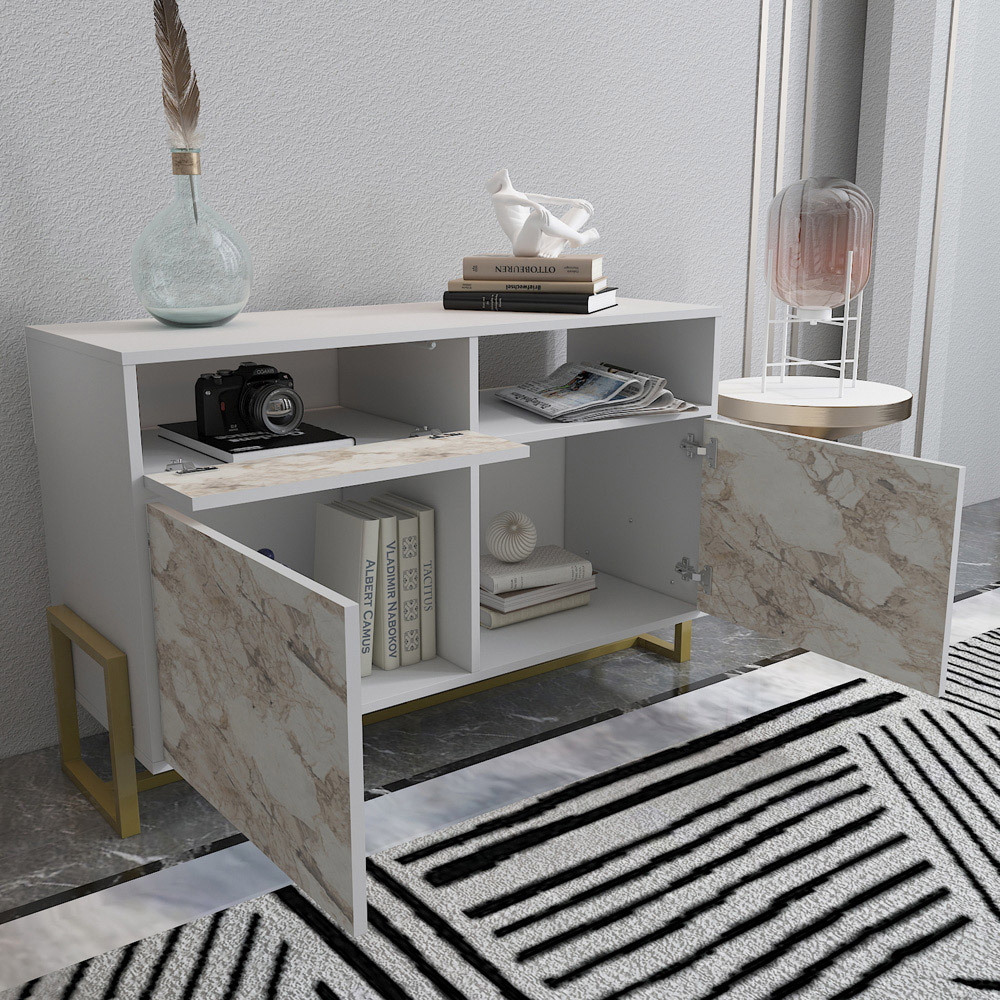 Decorotika Utopie 3 Door Singe Shelf White and White Marble Effect Modern Storage Cabinet Image 9