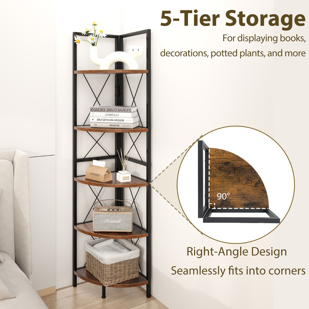Costway 5 Tier Rustic Brown Metal Corner Bookshelf Image 6