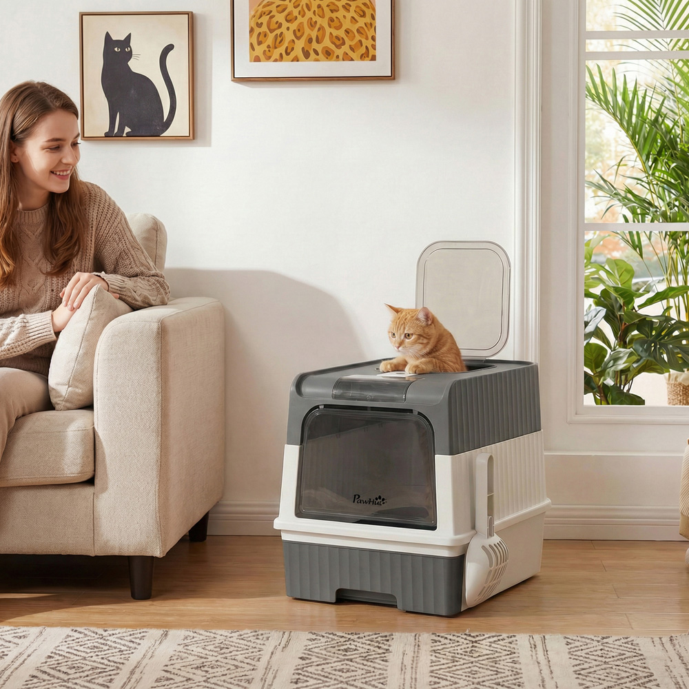 PawHut Grey Enclosed Cat Litter Box with Lid and Pull-Out Drawer Image 2