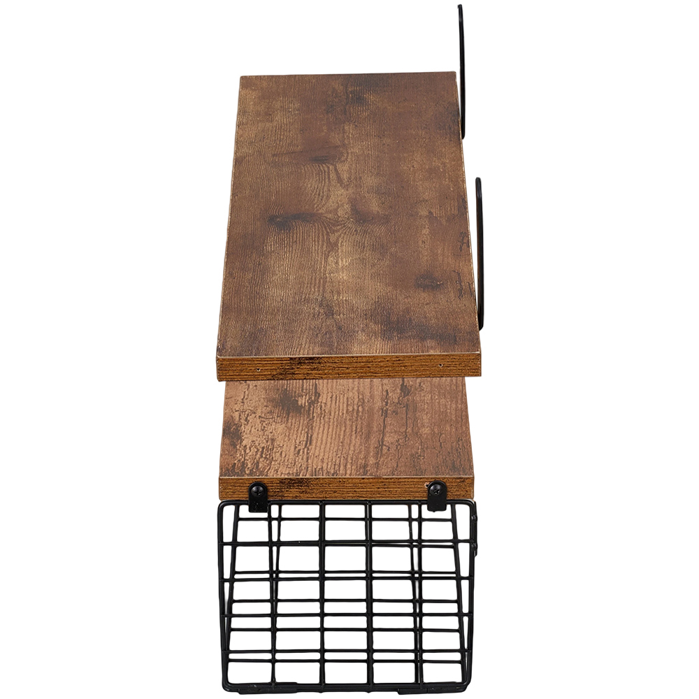 Living and Home 2 Shelf Wooden Wall-Mounted Floating Shelf with Wire Basket Image 7