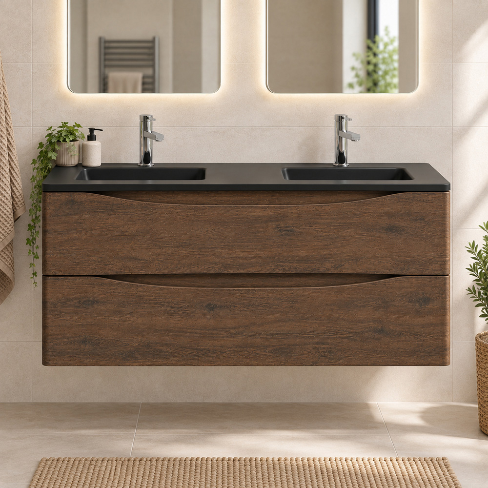 Go Bathrooms Erin 2 Drawer Rosewood and Grey Wall Hung Vanity Unit with Glass Basin 1200mm Image 3