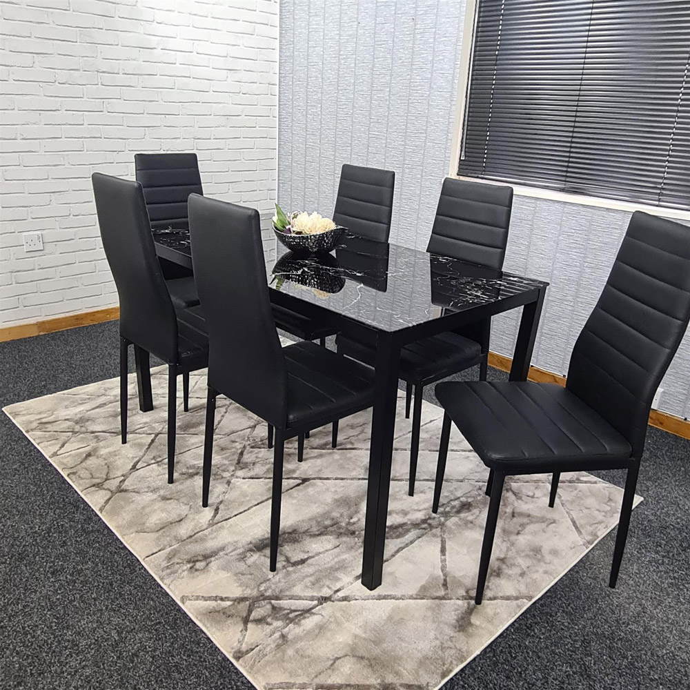 Portland Marble Effect Glass 6 Seater Leather Dining Set Black Image 6
