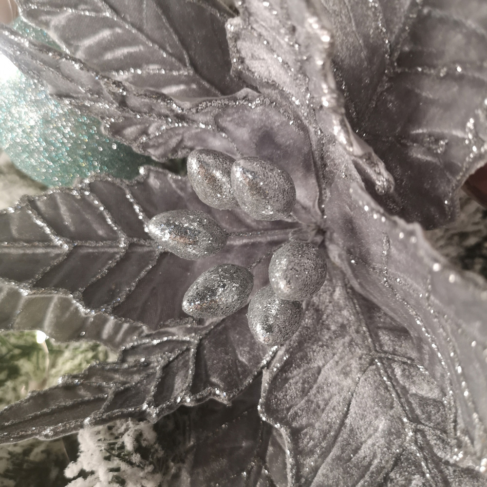 Samuel Alexander Silver Velvet Glitter Poinsettia Stem Christmas Decoration 50cm Image 4