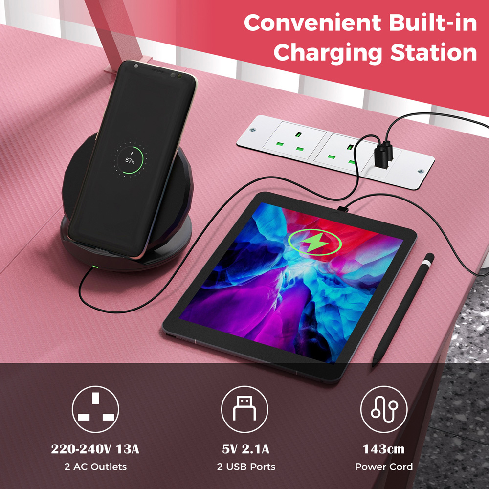 Costway L Shaped Gaming Desk with USB Ports Pink Image 7