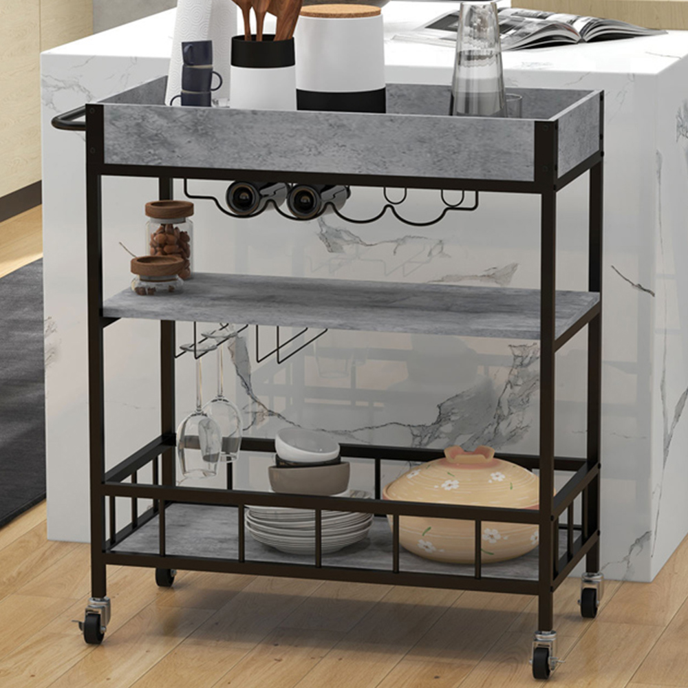 Portland 3 Shelf Faux Marbled Grey Kitchen Island Trolley with Wine Rack and Glass Holder Image 2