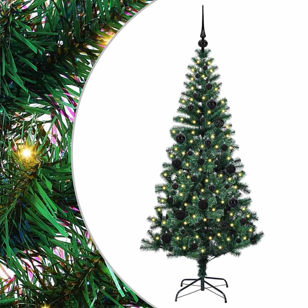 vidaXL Pre-Lit Black Baubles Green Artificial Christmas Tree 5ft Image 2