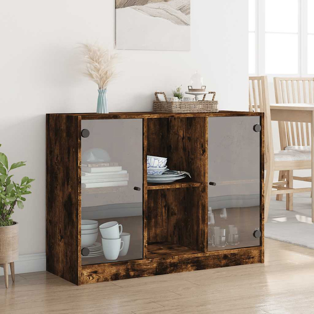 vidaXL 2 Glass Door 2 Shelf Smoked Oak Sideboard Image 9