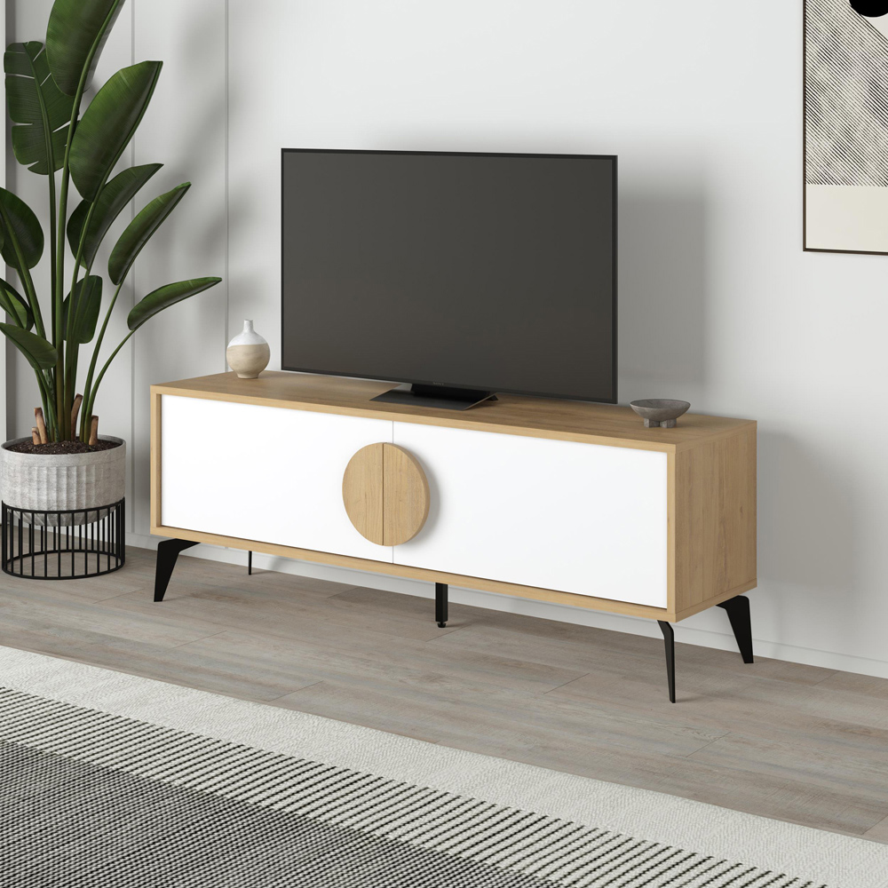 Decortie Gora 2 Door Oak and White TV Unit with Circle Handle Image 5