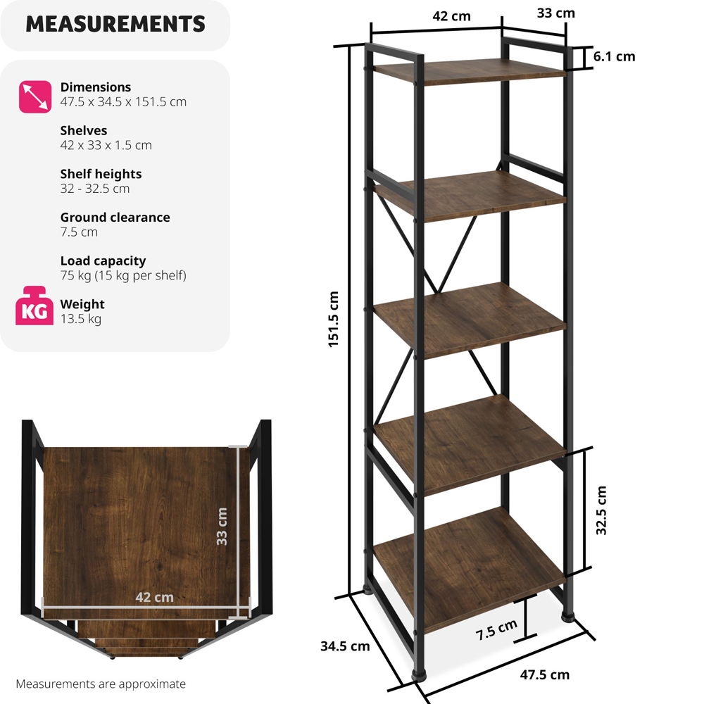 tectake Manchester 5 Shelf Industrial Dark Wood Bookcase Image 8