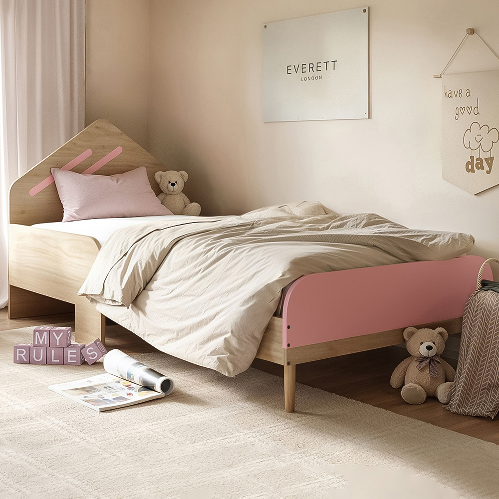 Flair Noah Single Oak and Pink Bed with House-Shaped Headboard Image 1