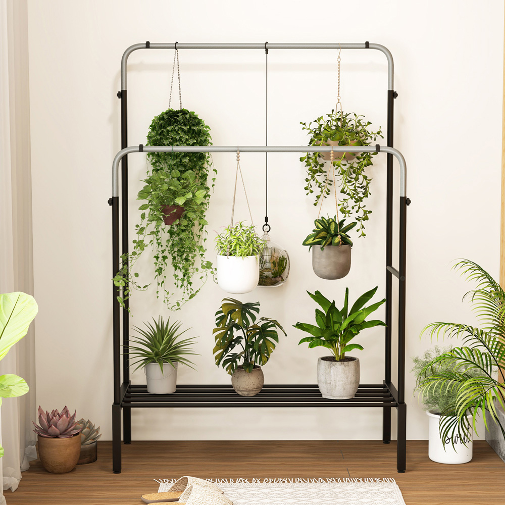 Costway Single Shelf Silver Metal Clothes Stand Rack with 2 Rods Image 3