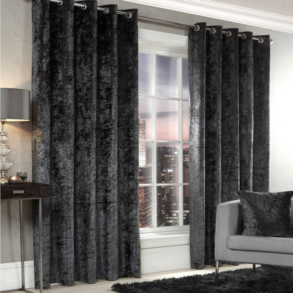 Alan Symonds Charcoal Crushed Velvet Ring Top Eyelet Curtains 168 x 183cm Image 2