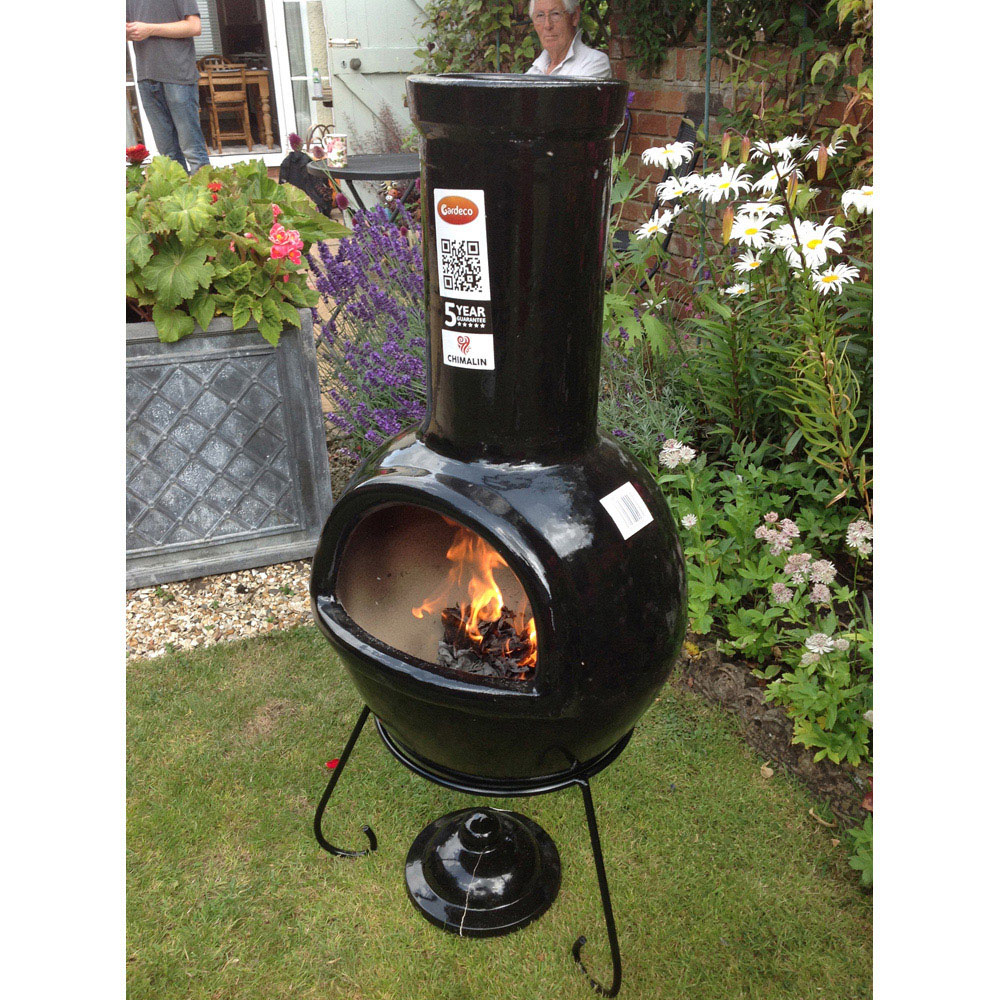 Gardeco Sempra Large Glazed Black Chimalin AFC Chimenea with Lid and Stand Image 4
