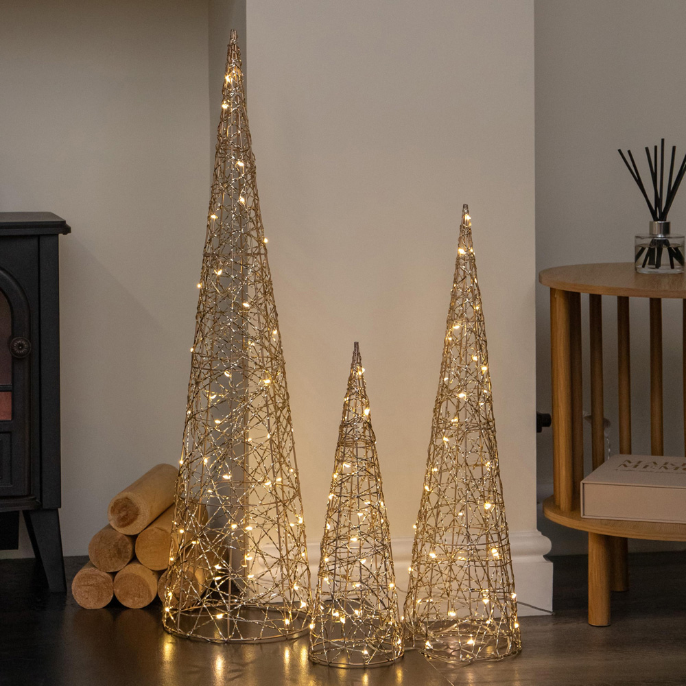 Samuel Alexander 120 Warm White LED Gold Cones Christmas Decoration Set of 3 Image 1