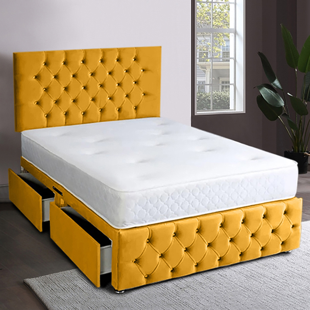 Eleganza Home Serenova Double Mustard Plush Velvet 2 Drawer Divan Bed with Headboard Image 1