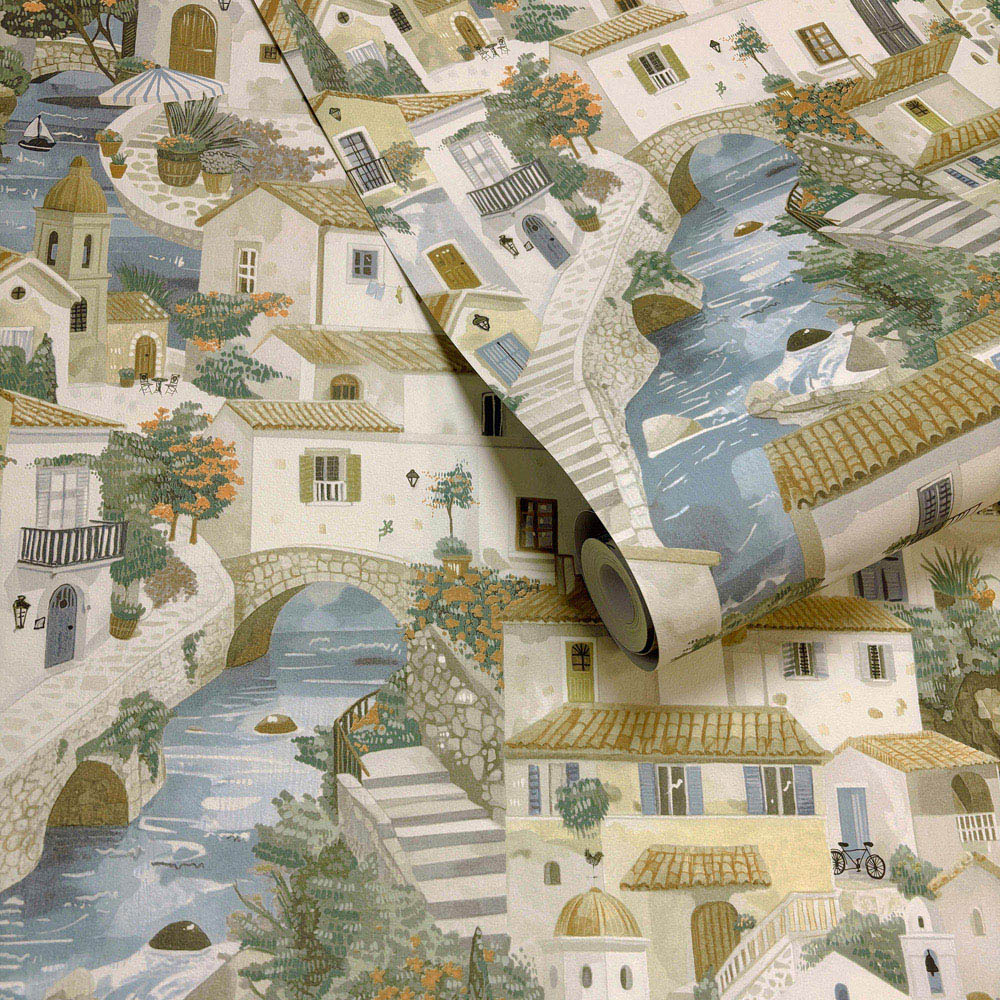 Holden Decor Italian Buildings Beige and Blue Wallpaper Image 2