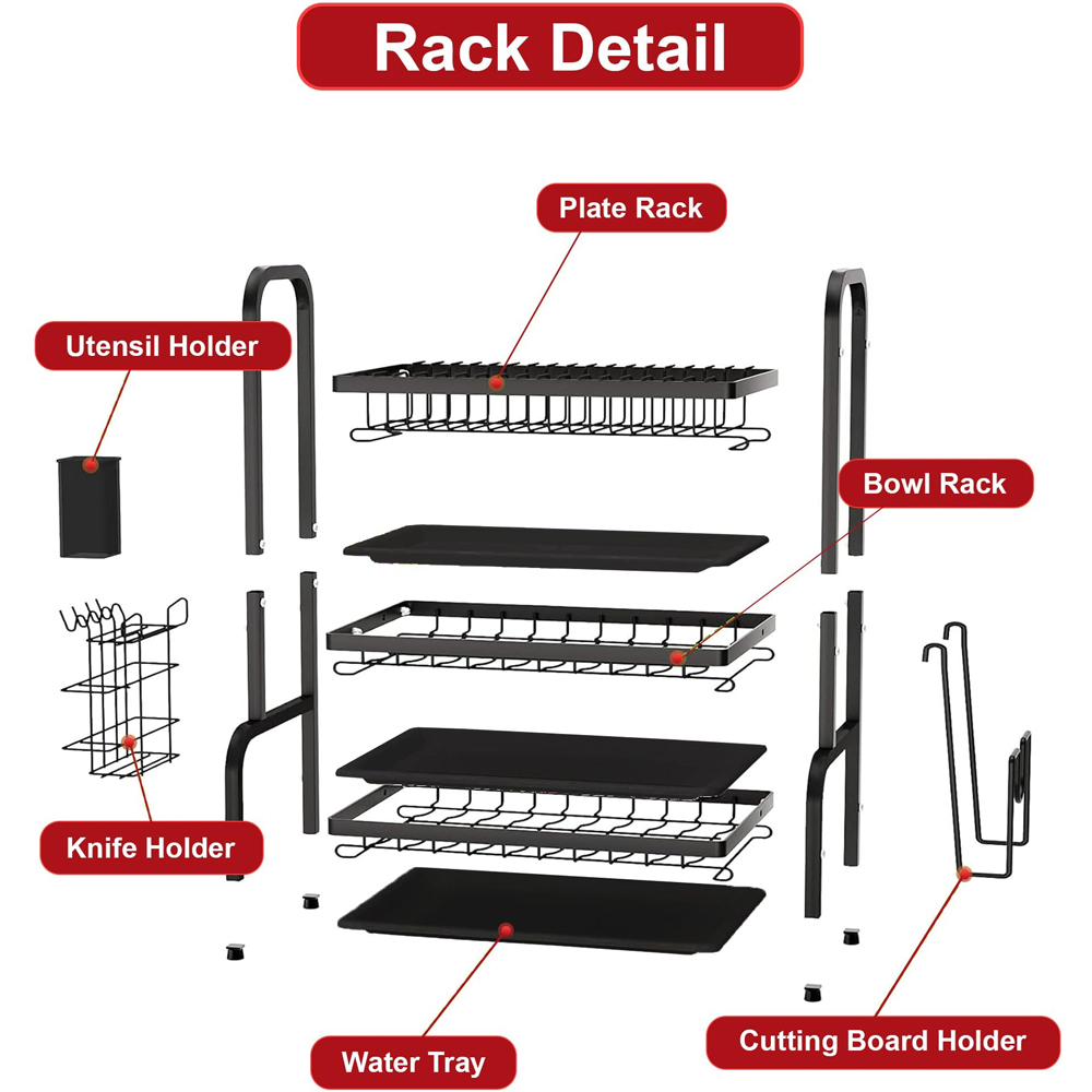 ATEK 3-Tier Black Dish Drying Rack with Drip Trays Cutlery and Chopping Board Holder Image 3