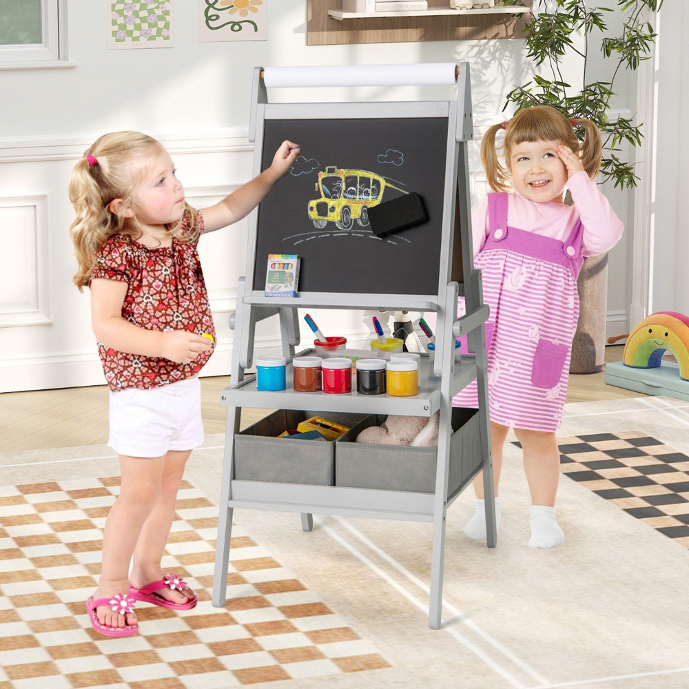Costway Kids Grey Double Sided Easel with Magnetic Whiteboard and Chalkboard Image 3