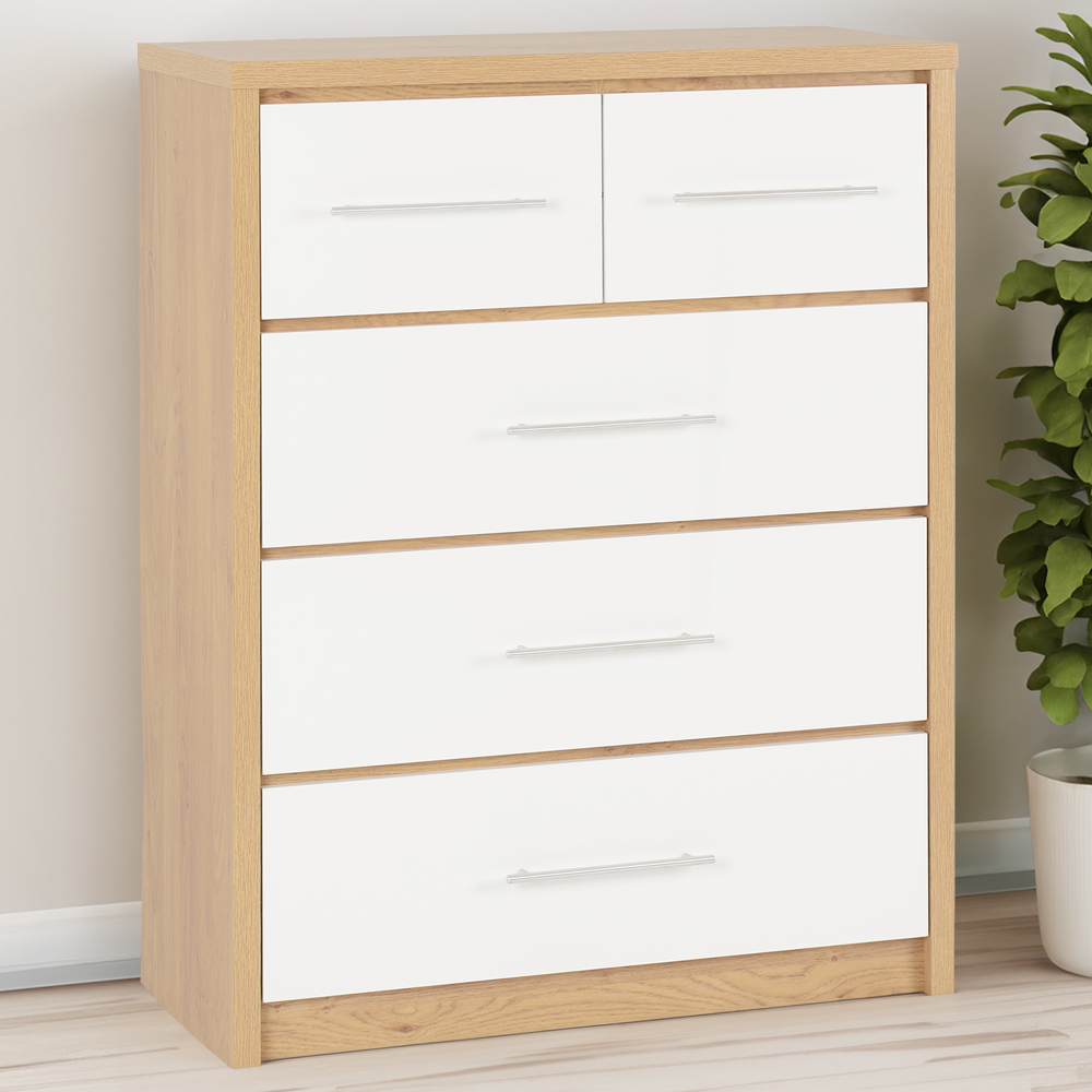 Seconique Seville 5 Drawer White Gloss Light Oak Effect Veneer Chest of Drawers Image 1