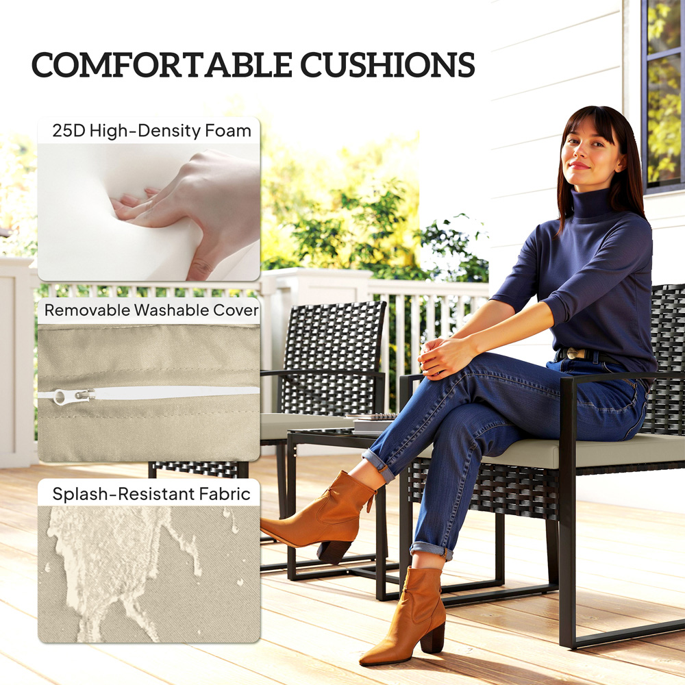 Outsunny 2 Seater Khaki PE Rattan Bistro Set with Cushion Image 6