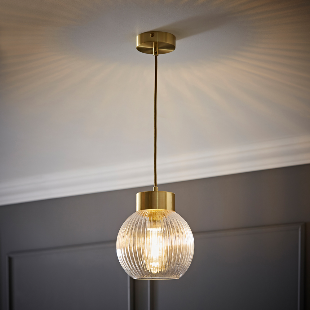 ValueLights Maddison Ribbed Glass Shade Brushed Gold Capped LED Ceiling Pendant Light Image 2