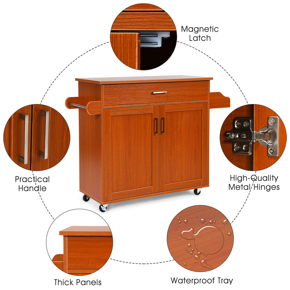 Costway 2 Door Single Drawer Single Shelf Brown Rolling Kitchen Storage Trolley Image 5