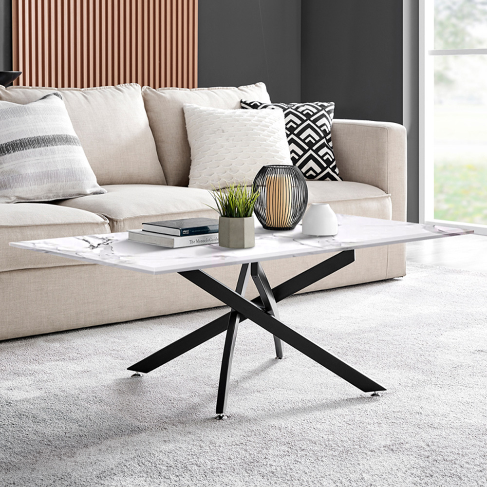 Furniturebox Tavalo White Marble Effect Glass Coffee Table with Black Legs Image 1