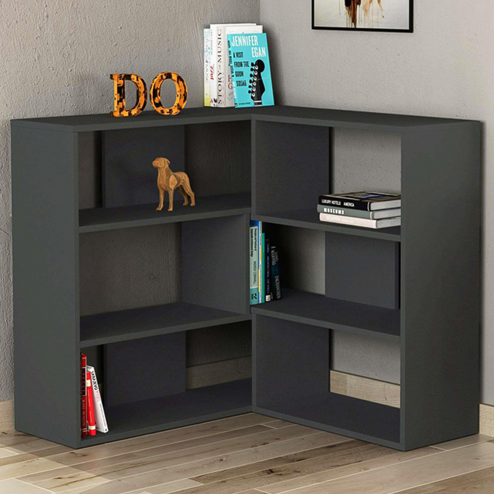 Decortie Molly 6 Shelf Anthracite Modern Interlock Corner Bookcase Image 1