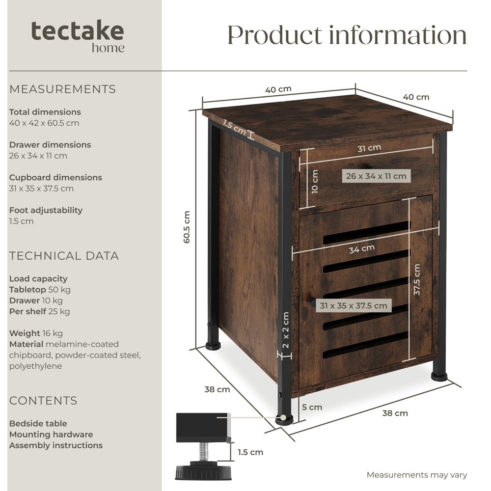 Tectake Waterford Single Door Single Drawer Rustic Dark Wood Bedside Table Image 9