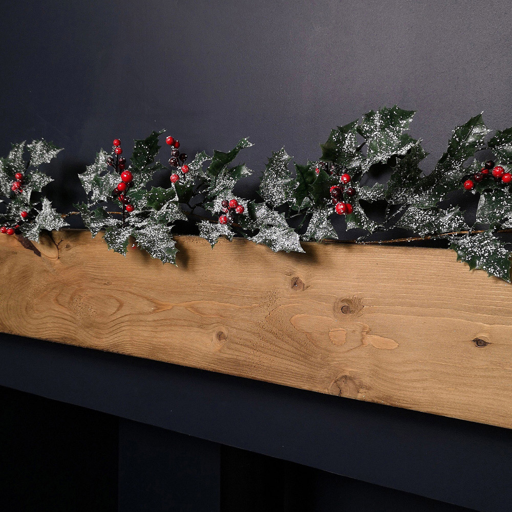 Samuel Alexander Frosted Green Holly Glitter Christmas Garland with Leaf and Berry 180cm Image 4
