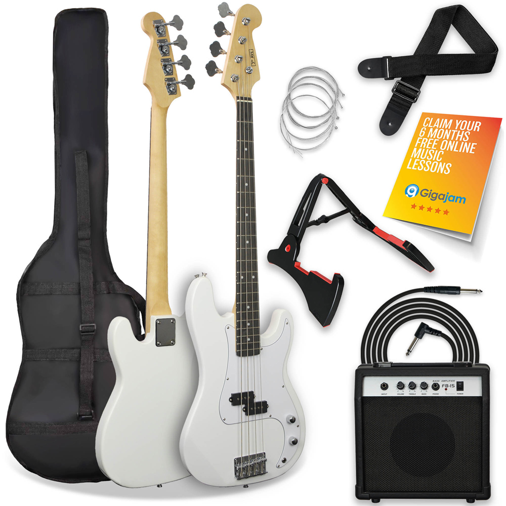 3rd Avenue White Full Size Electric Bass Guitar Set Image 1