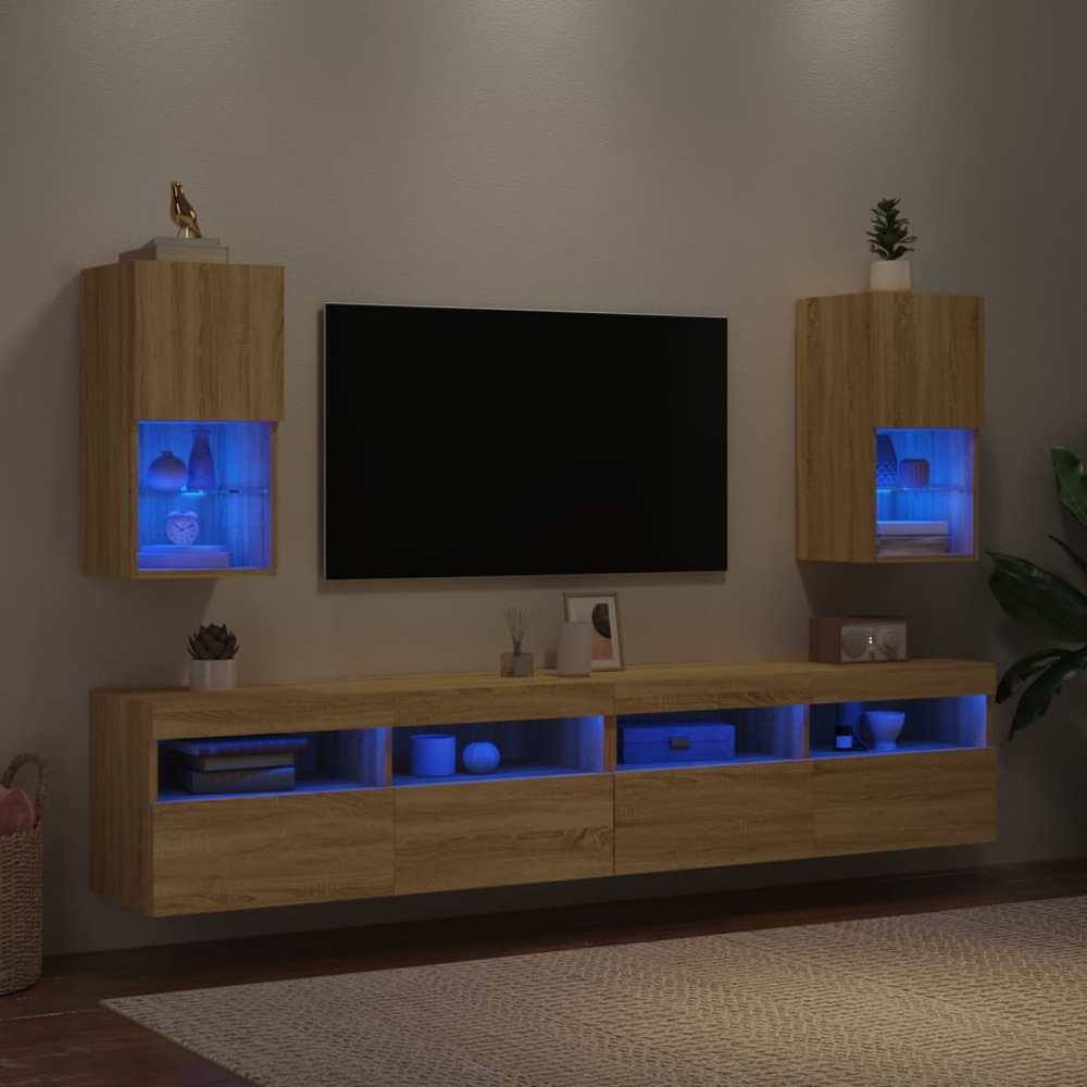 vidaXL Single Door 2 Shelf Sonoma Oak Wall Mounted LED TV Cabinet Set of 2 Image 4