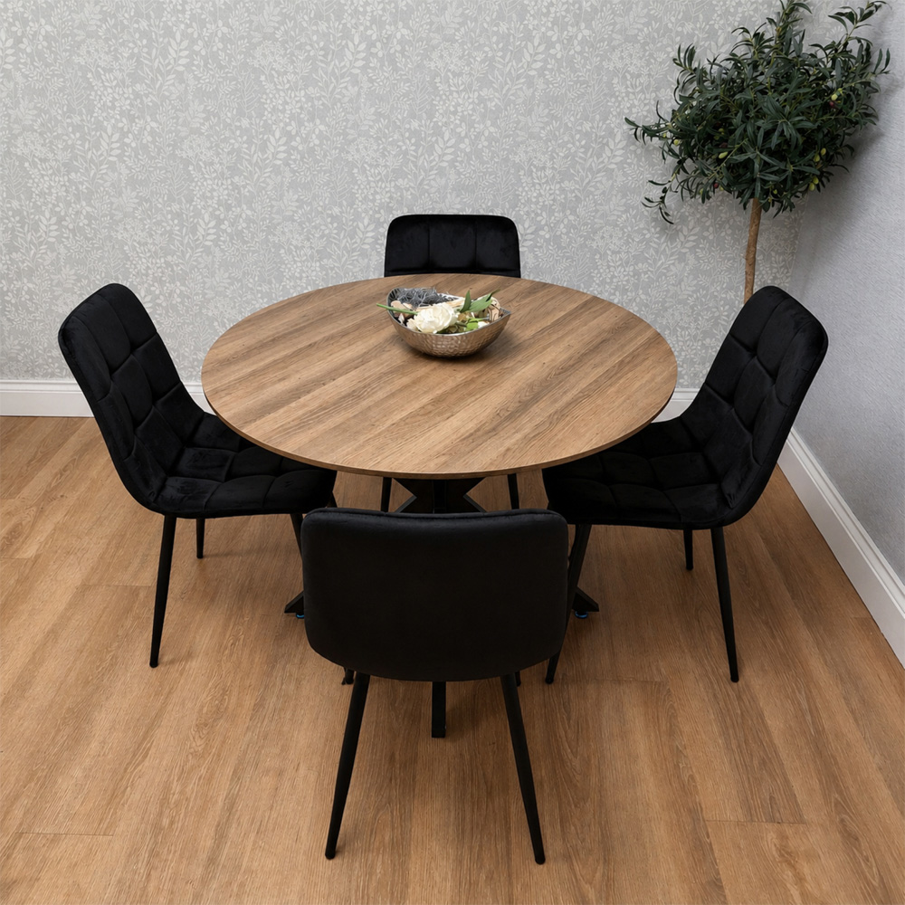 Kosy Koala 4 Seater Wood Effect Velvet Round Dining Set Black Image 7