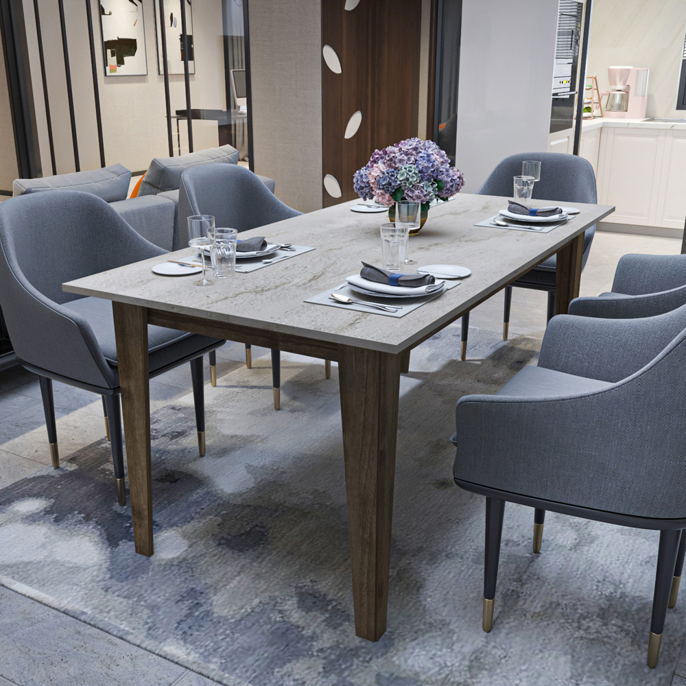 Decorotika Polka 6 Seater Marble Effect Modern Dining Table Walnut Traverter Image 5