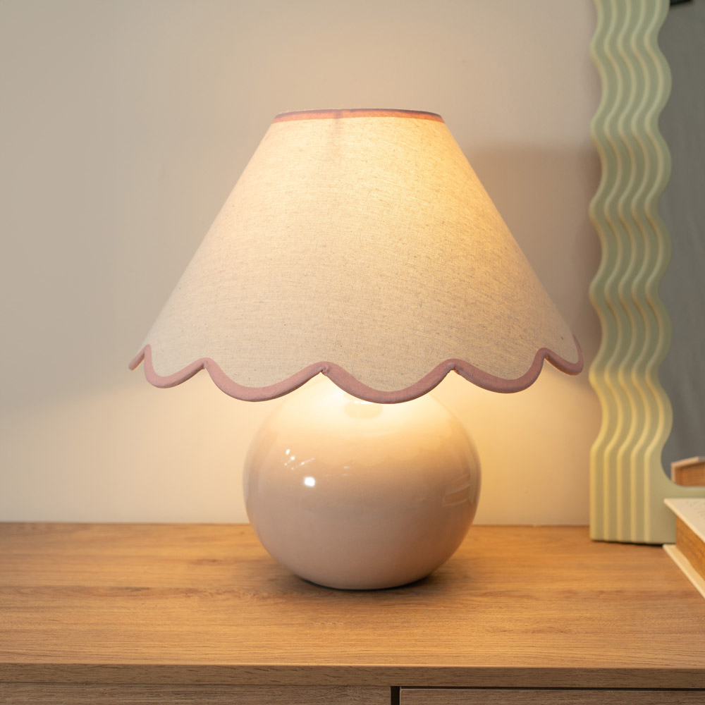 ValueLights Bosco Natural Stone Linen Pink Trim Scallop Shade Ceramic LED Table Lamp Image 2