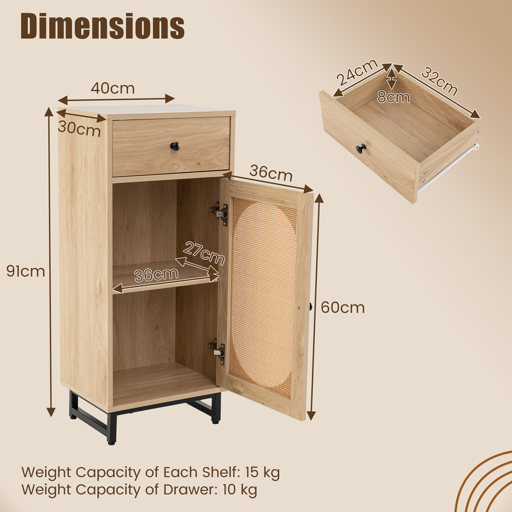 Costway Natural Single Door Single Drawer Storage Cabinet with Adjustable Foot Pads and Anti Toppling Kit Image 9