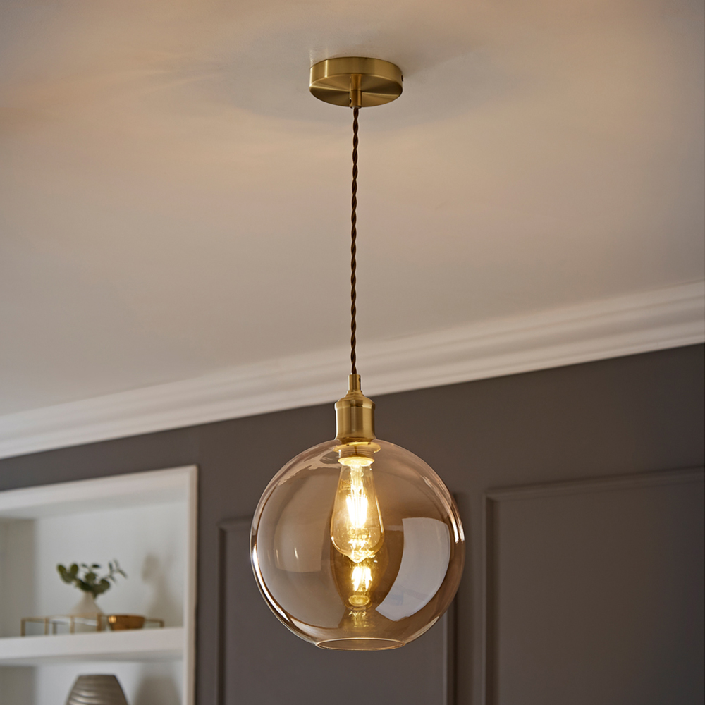 ValueLights Bellamy Single Amber Glass Globe Brushed Gold LED Ceiling Pendant Light Image 2