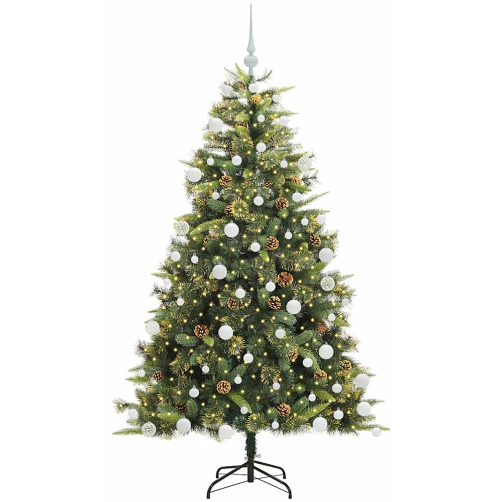 vidaXL Pre-Lit White Baubles and Pinecones Green Artificial Christmas Tree 6ft Image 1