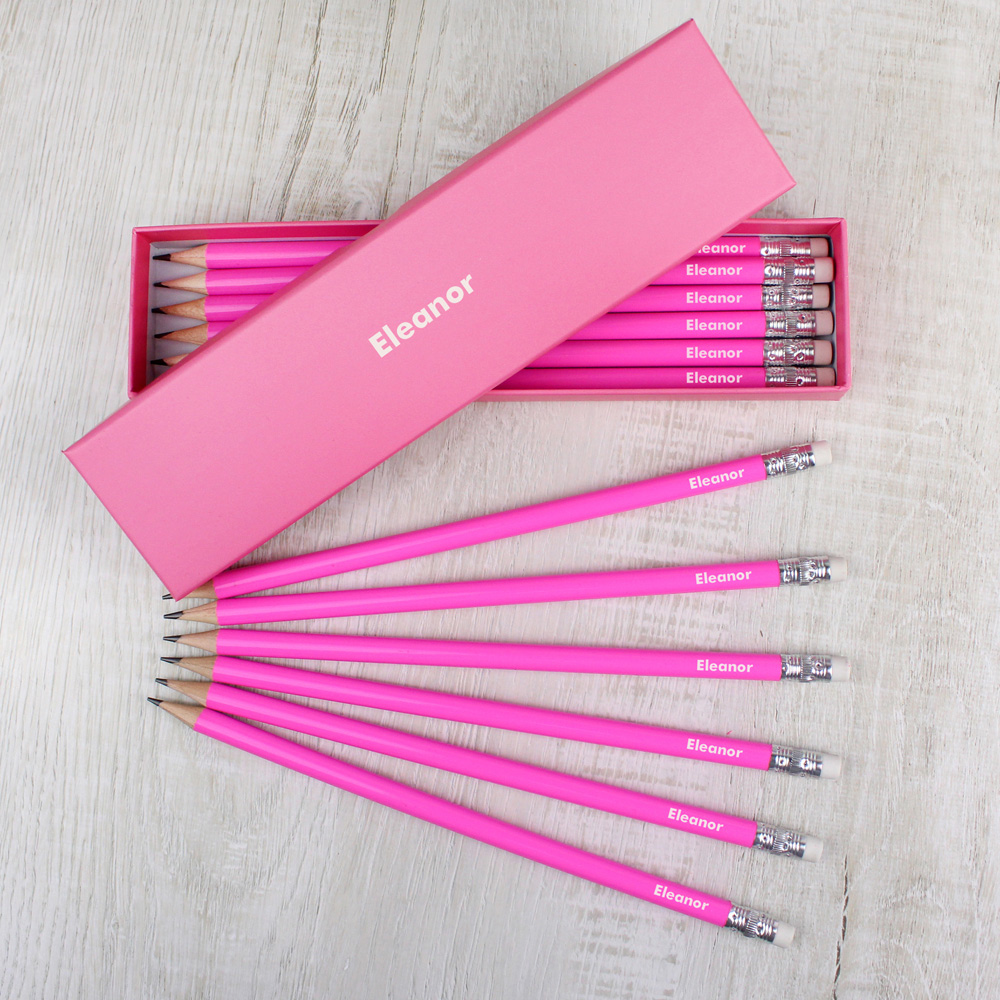 Personalised Memento Name Only Box and 12 Pink HB Pencils Image 2