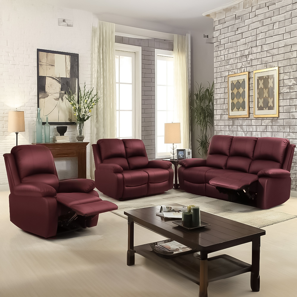 Brooklyn 6 Seater Red Bonded Leather Manual Recliner Sofa Set Image 1