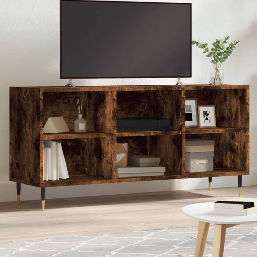 vidaXL 6 Open Shelf Smoked Oak TV Cabinet with Metal Legs Image 1